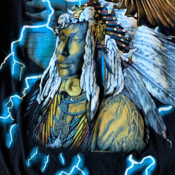 Vtg 1990s American Indian Thunder Print Lightning Thrashing Shirt T-Shirt Top - Picture 4 of 13